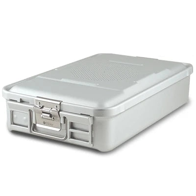SklarLite Sterilization Container - Mid-Size, Standard Lid, Non-Perforated Bottom, 18-1/4" x 11" x 4", Silver - 10-4300