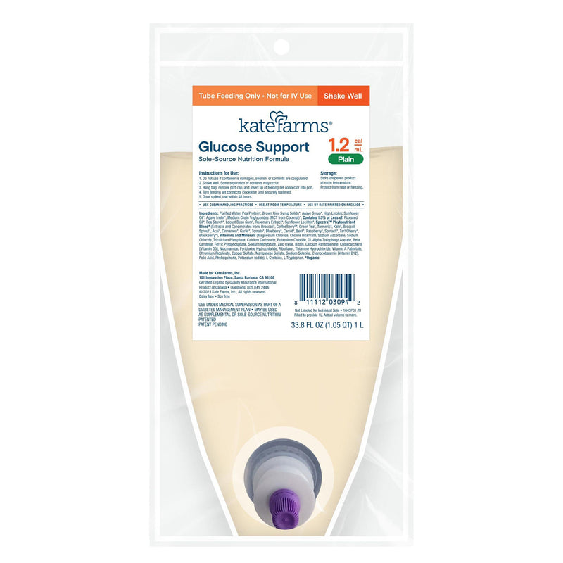 Tube Feeding Formula Kate Farms Glucose Support 1.2 Plain Flavor Liquid 1000 mL Ready to Hang Prefilled Container (Case of 6)