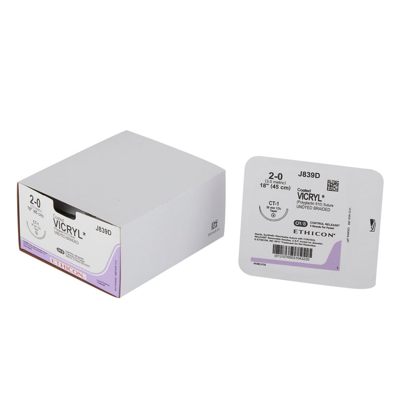 Absorbable Suture with Needle Coated Vicryl Polyglactin 910 CT-1 1/2 Circle Taper Point Needle Size 2-0 Braided (Box of 12)