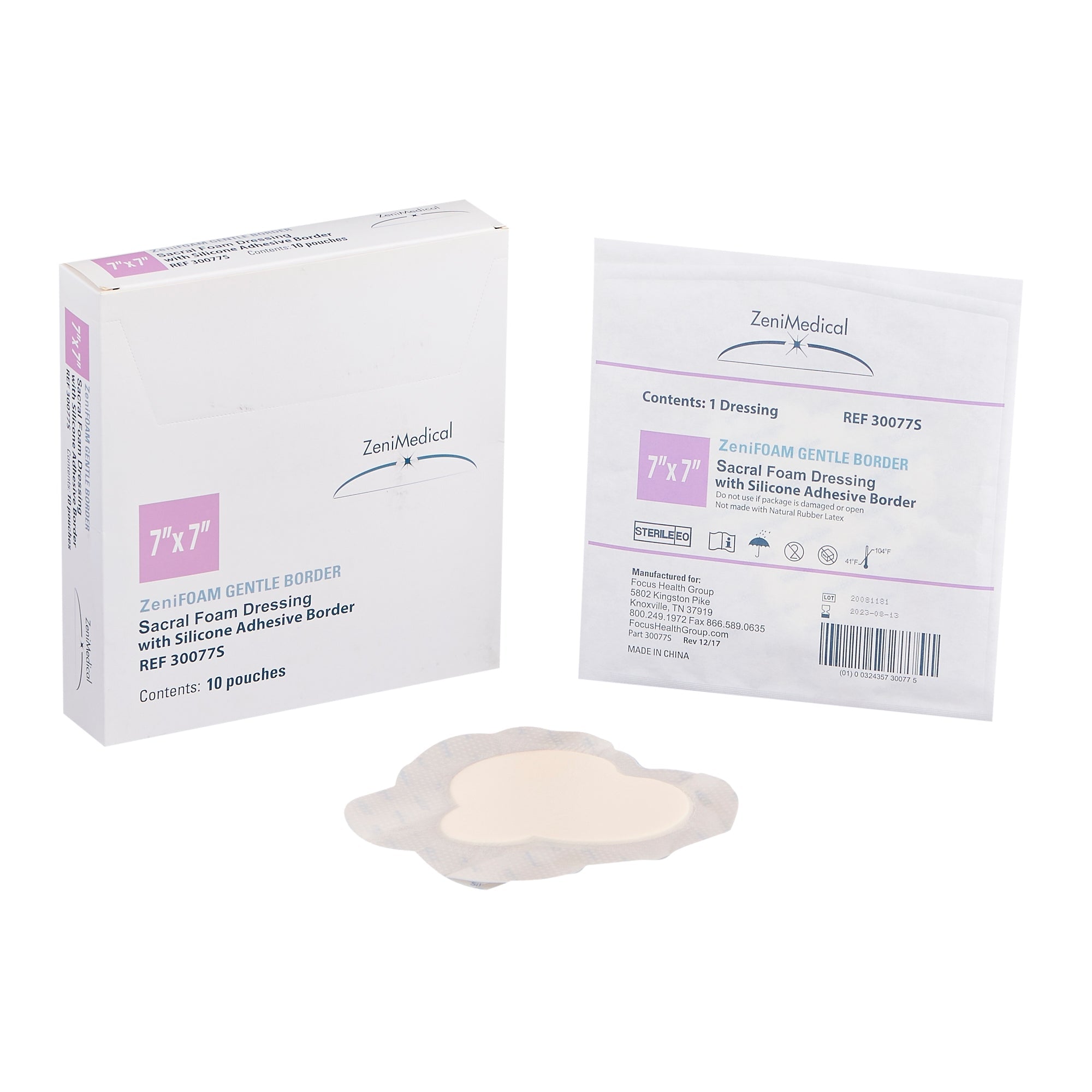 Focus Health Group Foam Dressing Zenifoam Gentle Border 7 X 7 Inch With Border Waterproof Backing Silicone Face and Border Sacral Sterile (10/BX) 