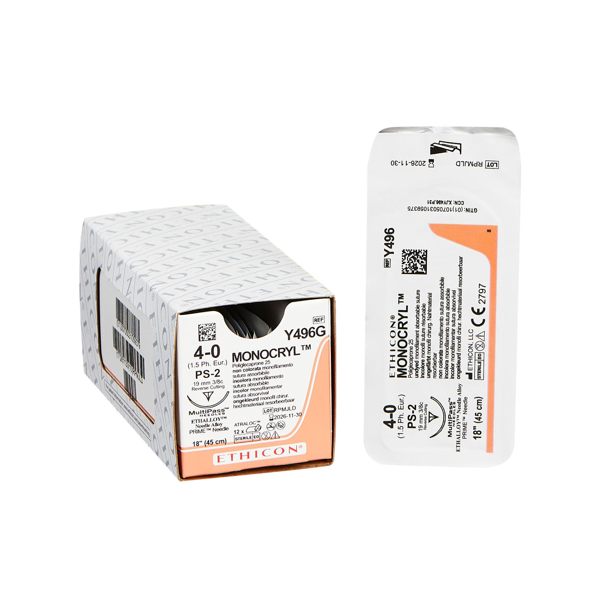 Absorbable Suture with Needle Monocryl Poliglecaprone PS-2 3/8 Circle Precision Reverse Cutting Needle Size 4-0 Monofilament (Box of 12)