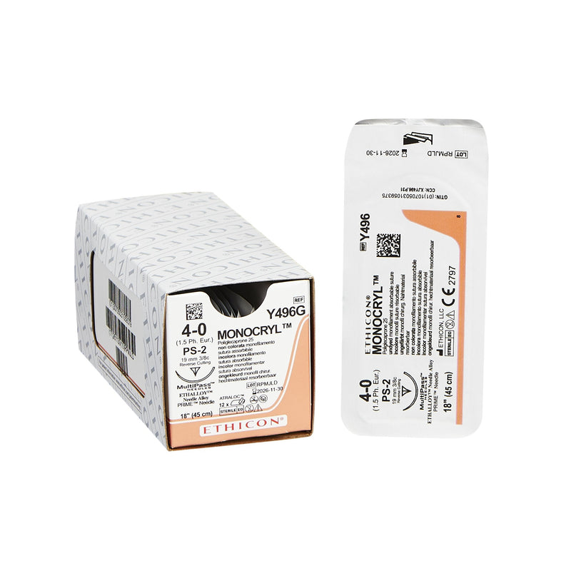 Absorbable Suture with Needle Monocryl Poliglecaprone PS-2 3/8 Circle Precision Reverse Cutting Needle Size 4-0 Monofilament 