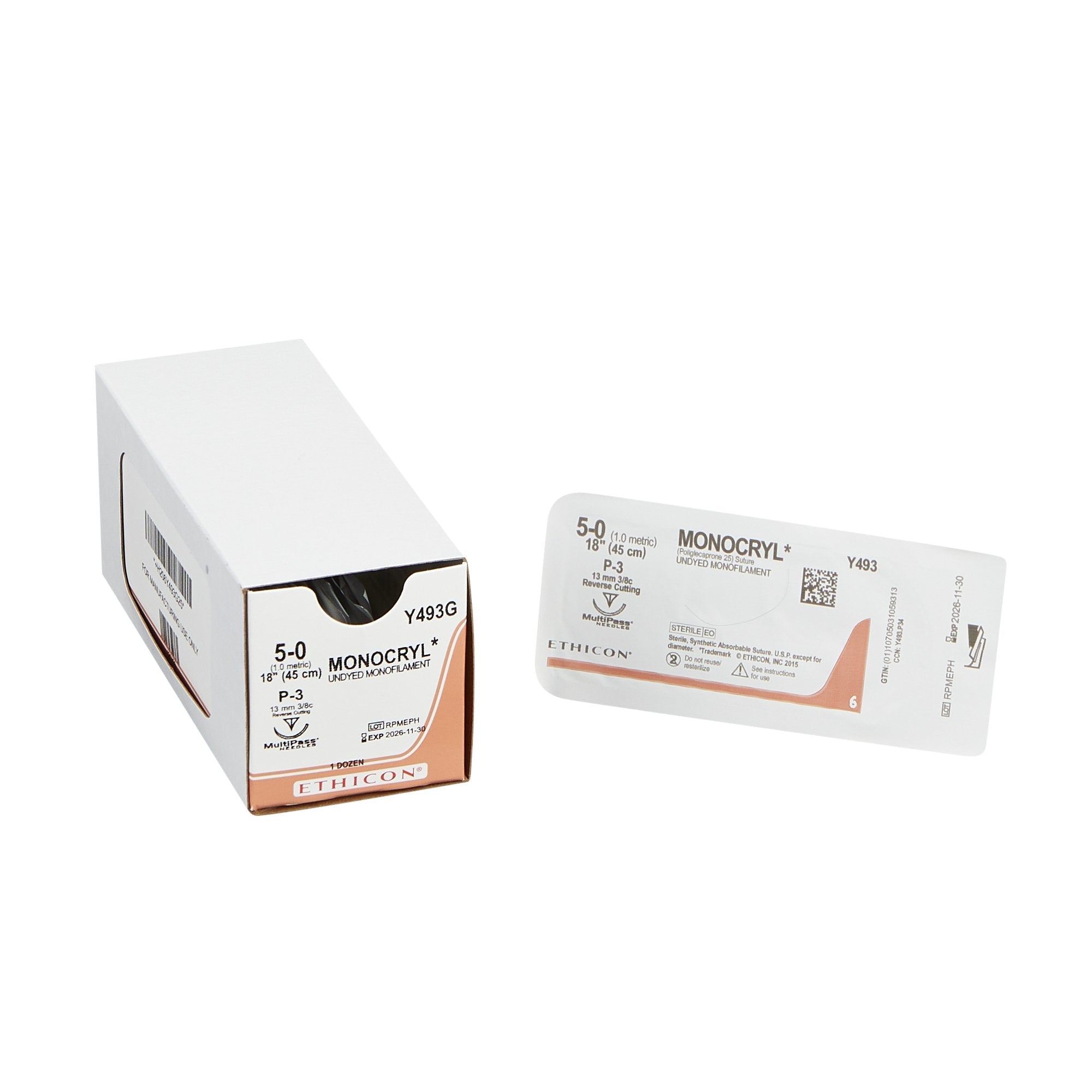 Absorbable Suture with Needle Monocryl Poliglecaprone P-3 3/8 Circle Precision Reverse Cutting Needle Size 5-0 Monofilament 