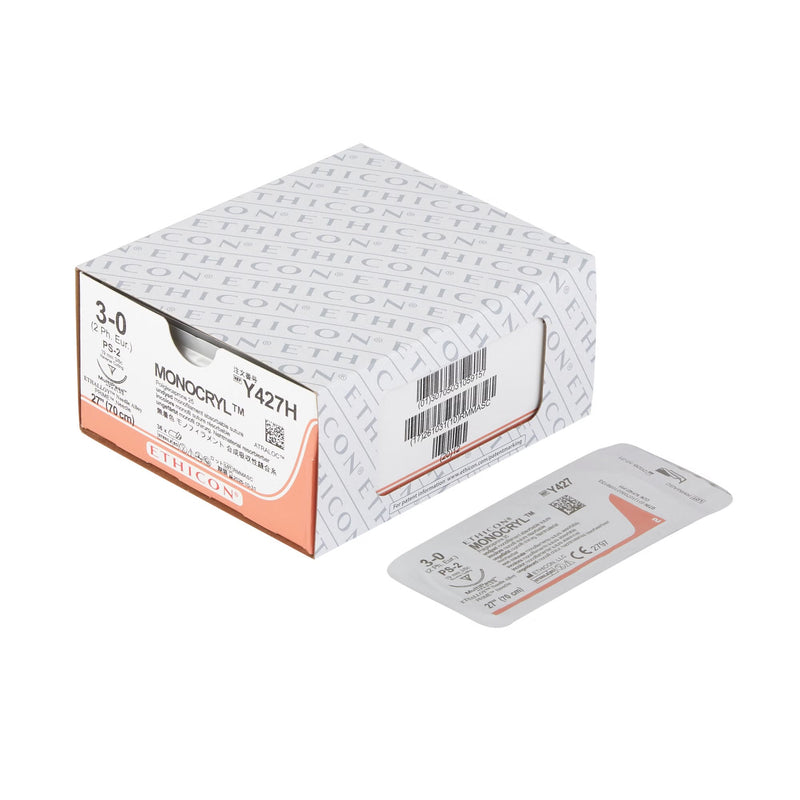 Absorbable Suture with Needle Monocryl Poliglecaprone PS-2 3/8 Circle Precision Reverse Cutting Needle Size 3-0 Monofilament 