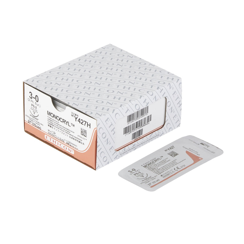 Absorbable Suture with Needle Monocryl Poliglecaprone PS-2 3/8 Circle Precision Reverse Cutting Needle Size 3-0 Monofilament 
