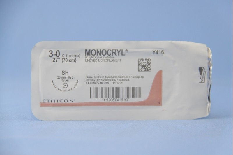 Absorbable Suture with Needle Monocryl Poliglecaprone SH 1/2 Circle Taper Point Needle Size 3-0 Monofilament (Box of 36) 