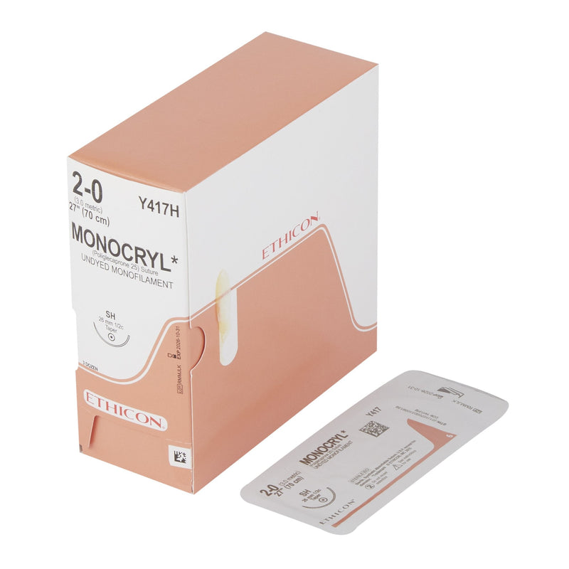 Absorbable Suture with Needle Monocryl Poliglecaprone SH 1/2 Circle Taper Point Needle Size 2-0 Monofilament 