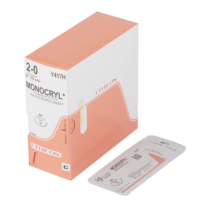 Absorbable Suture with Needle Monocryl Poliglecaprone SH 1/2 Circle Taper Point Needle Size 2-0 Monofilament 