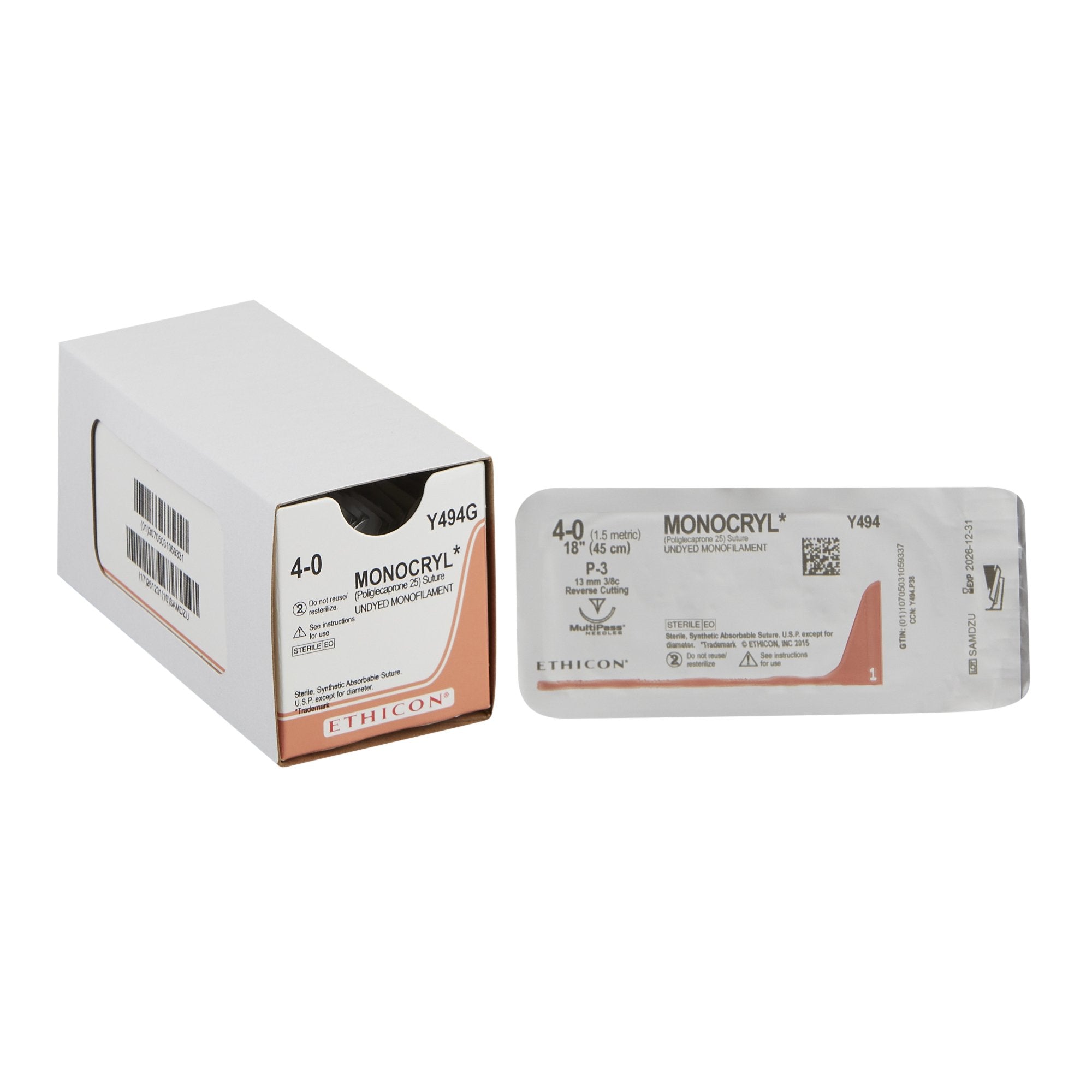 Absorbable Suture with Needle Monocryl Poliglecaprone P-3 3/8 Circle Precision Reverse Cutting Needle Size 4-0 Monofilament 