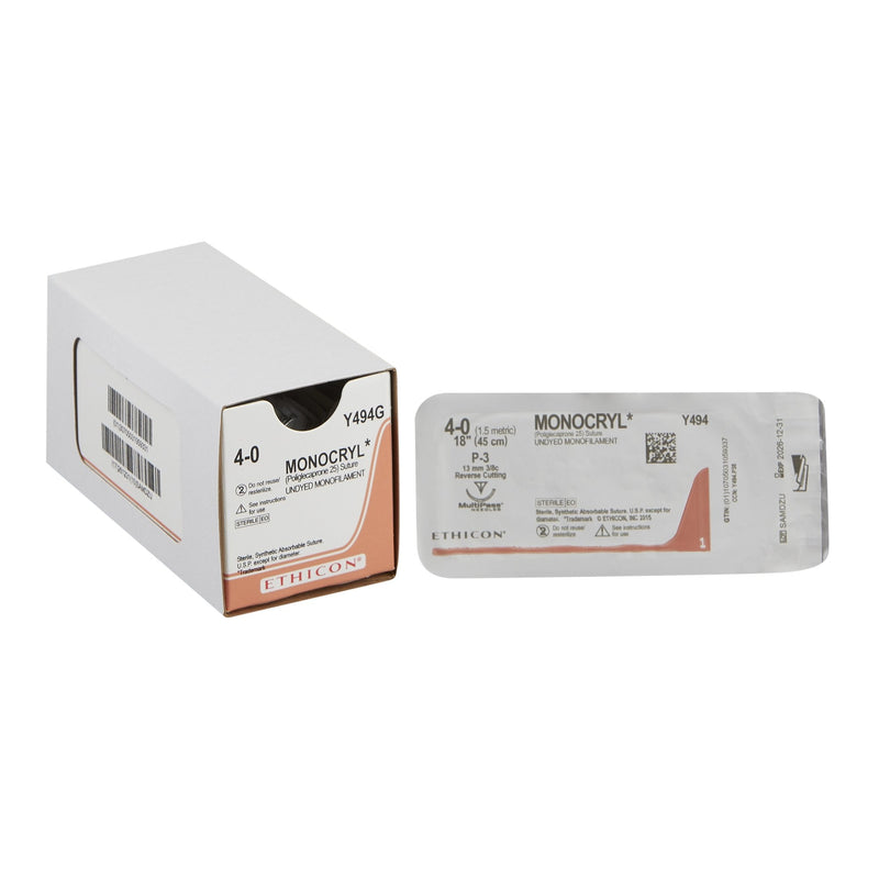 Absorbable Suture with Needle Monocryl Poliglecaprone P-3 3/8 Circle Precision Reverse Cutting Needle Size 4-0 Monofilament 