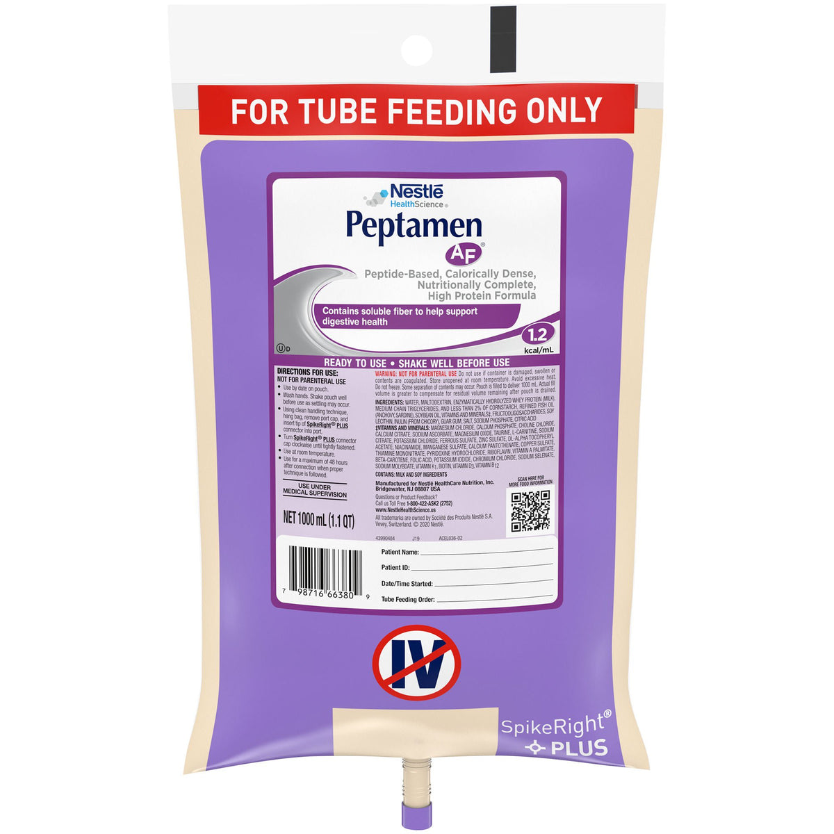 Peptamen AF Tube Feeding Formula, 1000 mL Ready to Hang Prefilled Container (Case of 6)