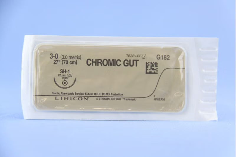 Absorbable Suture with Needle GUT CHROMIC Chromic Gut SH-1 1/2 Circle Taper Point Needle Size 3-0 Monofilament (Box of 36)