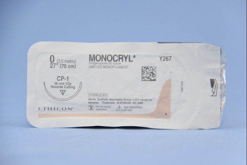 Absorbable Suture with Needle Monocryl Poliglecaprone CP-1 1/2 Circle Reverse Cutting Needle Size 0 Monofilament 