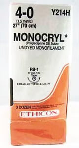 Absorbable Suture with Needle Monocryl Poliglecaprone RB-1 1/2 Circle Taper Point Needle Size 4-0 Monofilament 