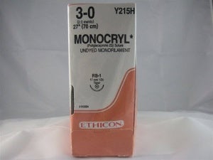 Absorbable Suture with Needle Monocryl Poliglecaprone RB-1 1/2 Circle Taper Point Needle Size 3-0 Monofilament 