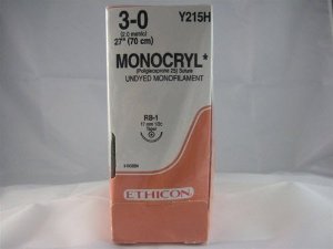 Absorbable Suture with Needle Monocryl Poliglecaprone RB-1 1/2 Circle Taper Point Needle Size 3-0 Monofilament 