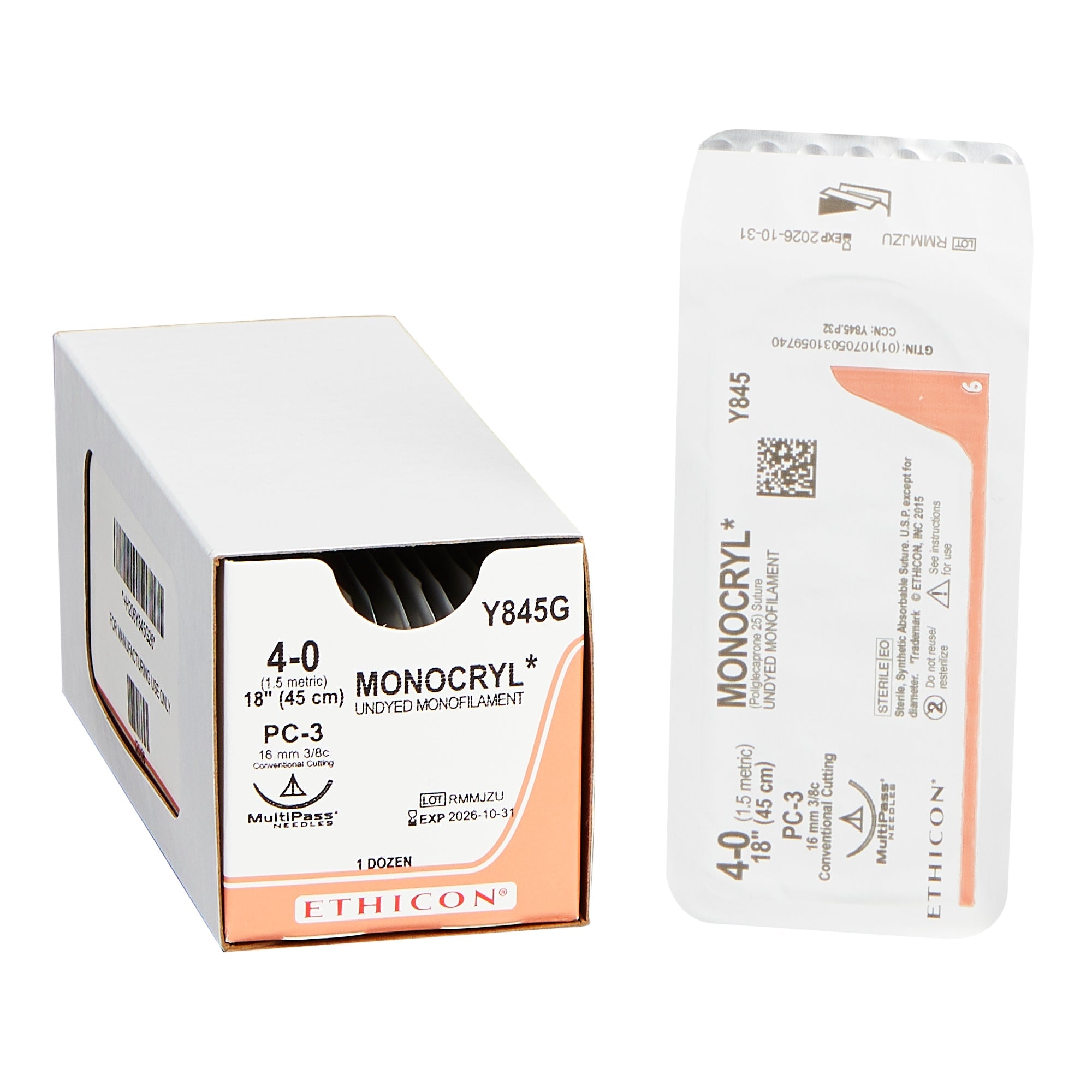 Absorbable Suture with Needle Monocryl Poliglecaprone PC-3 3/8 Circle Precision Conventional Cutting Needle Size 4-0 Monofilament 