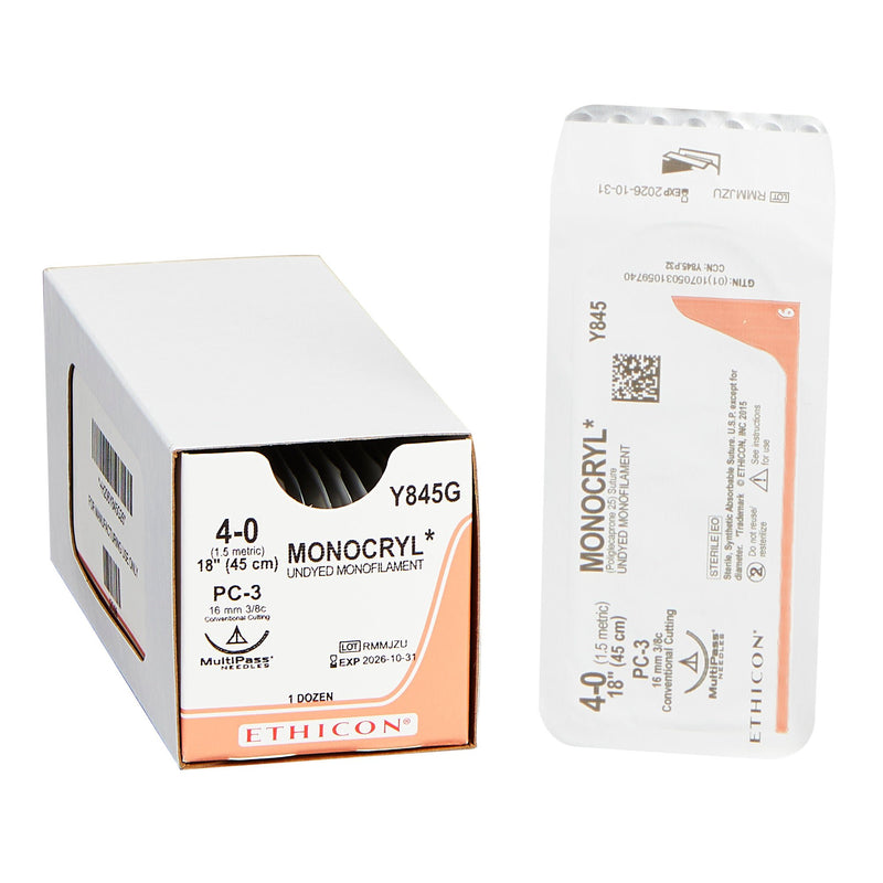 Absorbable Suture with Needle Monocryl Poliglecaprone PC-3 3/8 Circle Precision Conventional Cutting Needle Size 4-0 Monofilament (Box of 12)