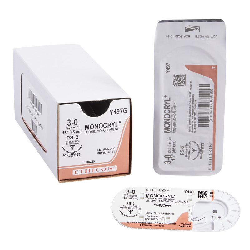 Absorbable Suture with Needle Monocryl Poliglecaprone PS-2 3/8 Circle Precision Reverse Cutting Needle Size 3-0 Monofilament 