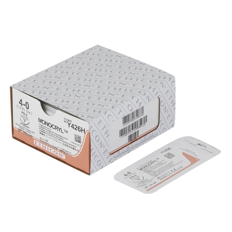 Absorbable Suture with Needle Monocryl Poliglecaprone PS-2 3/8 Circle Precision Reverse Cutting Needle Size 4-0 Monofilament 