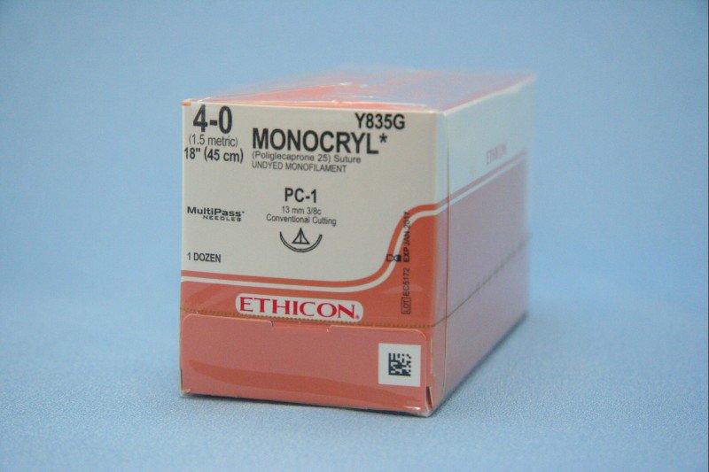 Absorbable Suture with Needle Monocryl Poliglecaprone PC-1 3/8 Circle Precision Conventional Cutting Needle Size 4-0 Monofilament 