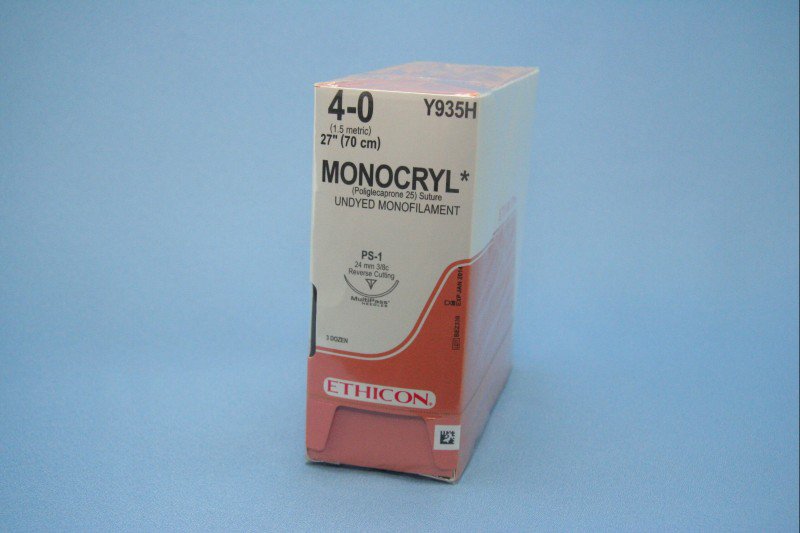 Absorbable Suture with Needle Monocryl Poliglecaprone PS-1 3/8 Circle Reverse Cutting Needle Size 4-0 Monofilament 