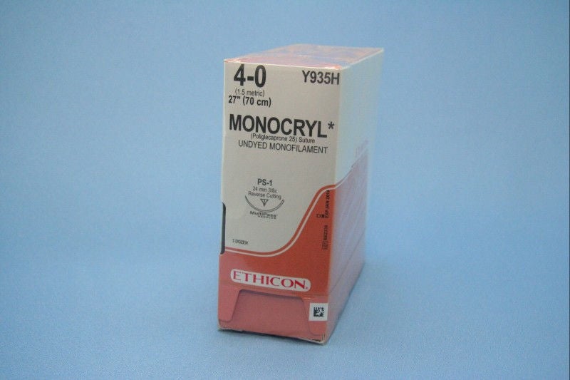 Absorbable Suture with Needle Monocryl Poliglecaprone PS-1 3/8 Circle Reverse Cutting Needle Size 4-0 Monofilament (Box of 36)