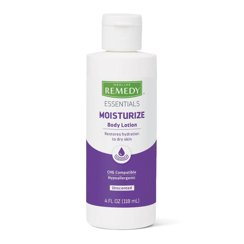 Hand and Body Moisturizer Medline Remedy Essentials Moisturize 4 oz. Bottle Unscented Lotion CHG Compatible (Case of 60)