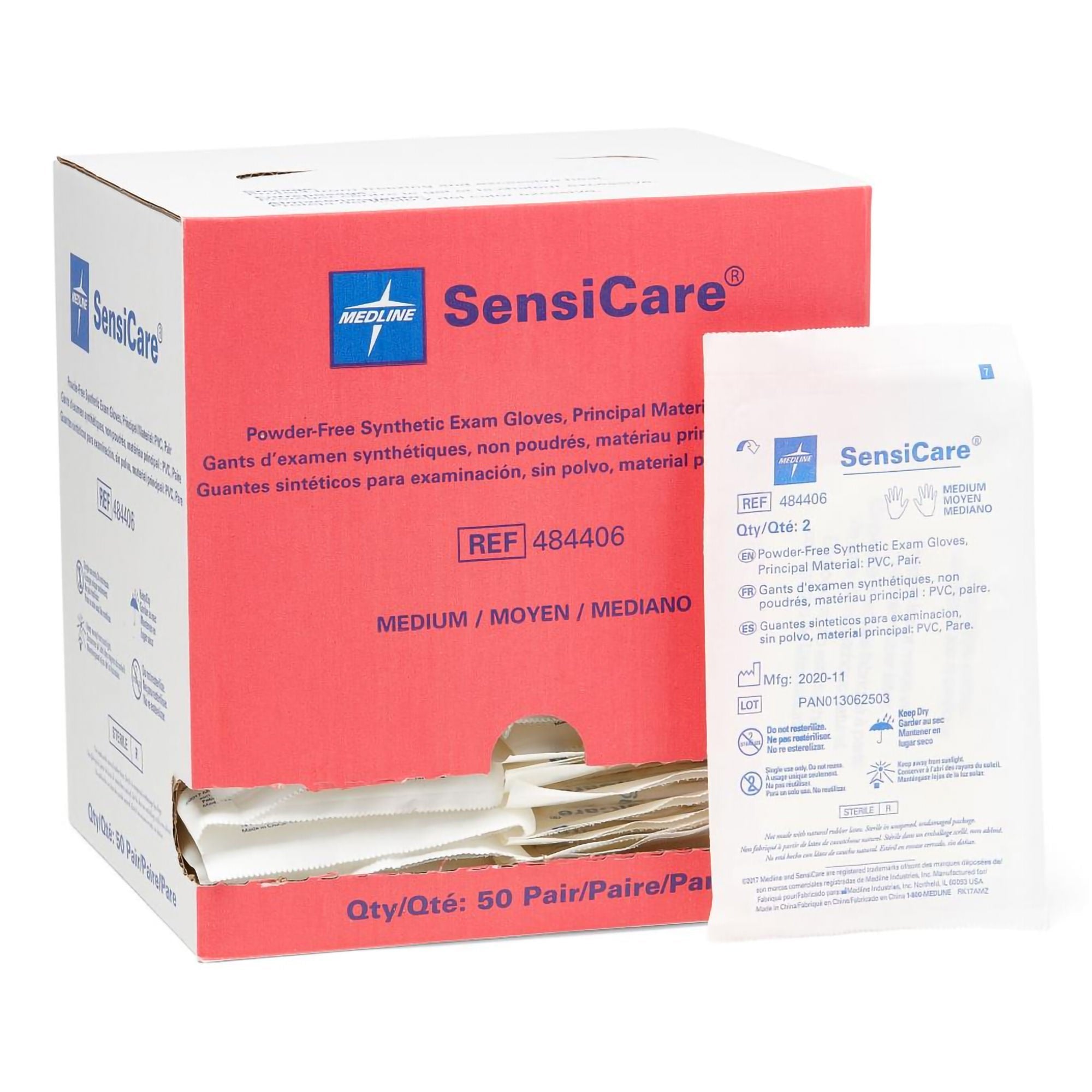 Medline Exam Glove SensiCare Medium 50 Pairs per Box Sterile Pair Stretch Vinyl Standard Cuff Length Smooth Beige Not Rated (484406 / CS)