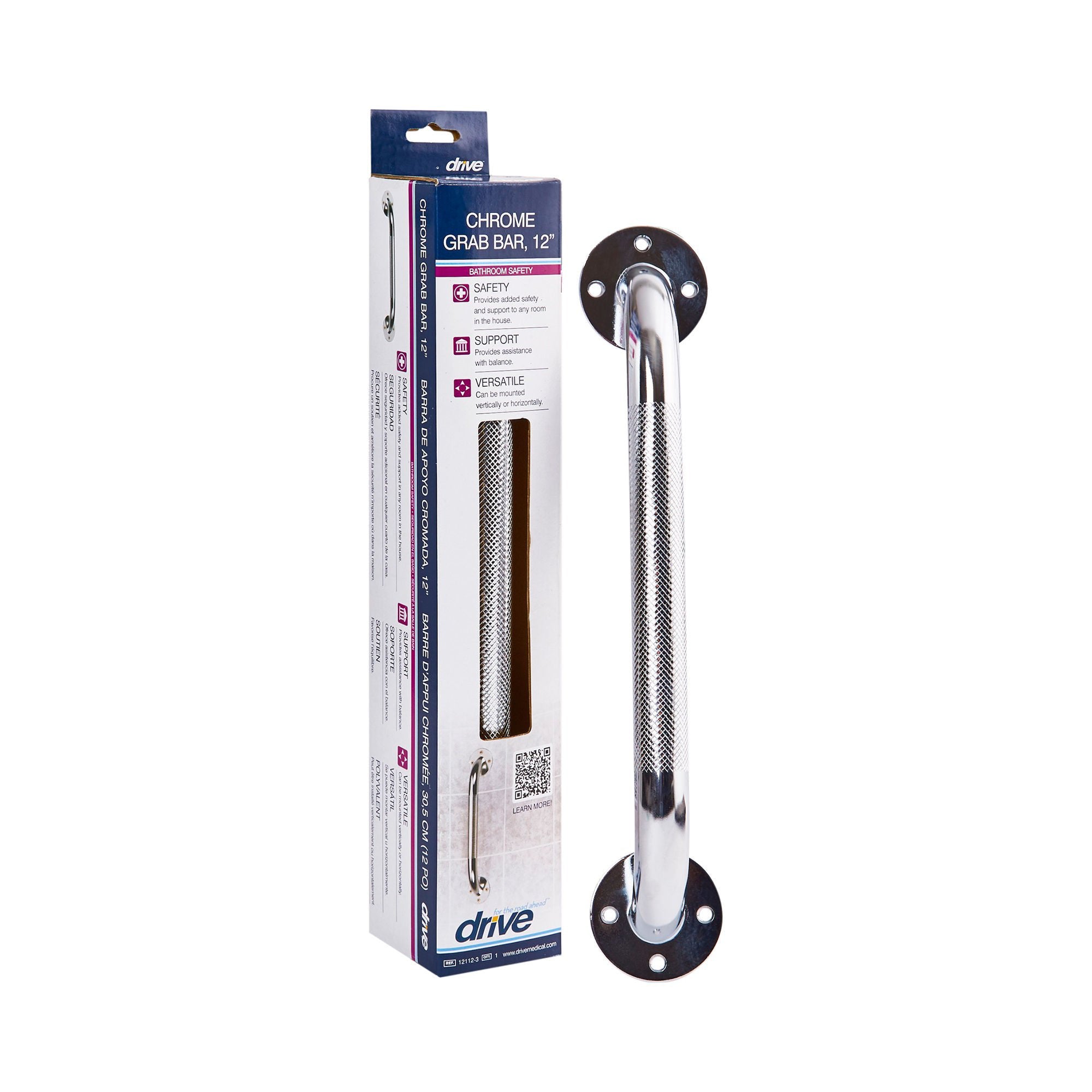 drive Chrome Knurled Grab Bar, 12 Inch (Box of 3)