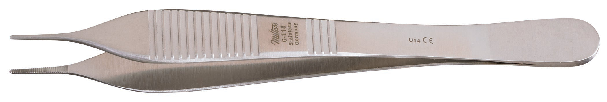 Dressing Forceps Miltex Adson 4-3/4 Inch Length OR / Surgical Grade Stainless Steel NonSterile NonLocking Thumb Handle Straight Micro, Serrated Tips 
