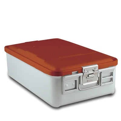 SklarLite Sterilization Container - Mid-Size, Safe Lid, Perforated Bottom, 18-1/4" x 11" x 5", Red - 10-4386 
