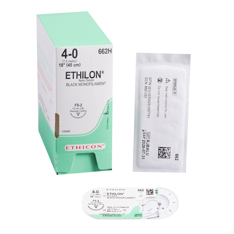Nonabsorbable Suture with Needle Ethilon Nylon FS-2 3/8 Circle Reverse Cutting Needle Size 4-0 Monofilament (Box of 36)