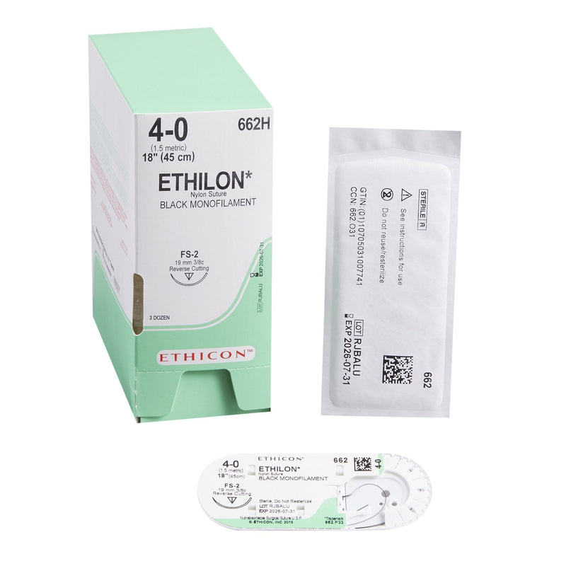 Nonabsorbable Suture with Needle Ethilon Nylon FS-2 3/8 Circle Reverse Cutting Needle Size 4-0 Monofilament 
