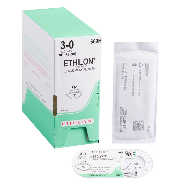 Nonabsorbable Suture with Needle Ethilon Nylon FS-1 3/8 Circle Reverse Cutting Needle Size 3-0 Monofilament (Box of 36)