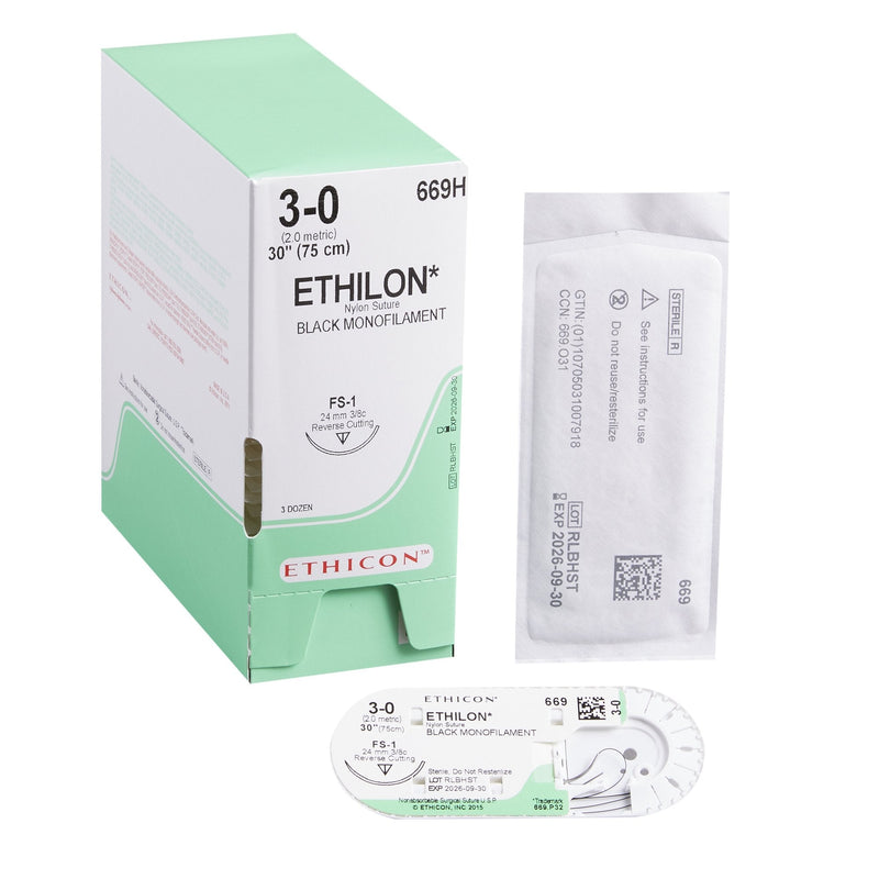 Nonabsorbable Suture with Needle Ethilon Nylon FS-1 3/8 Circle Reverse Cutting Needle Size 3-0 Monofilament 