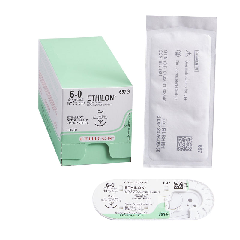 Nonabsorbable Suture with Needle Ethilon Nylon P-1 3/8 Circle Precision Reverse Cutting Needle Size 6-0 Monofilament 