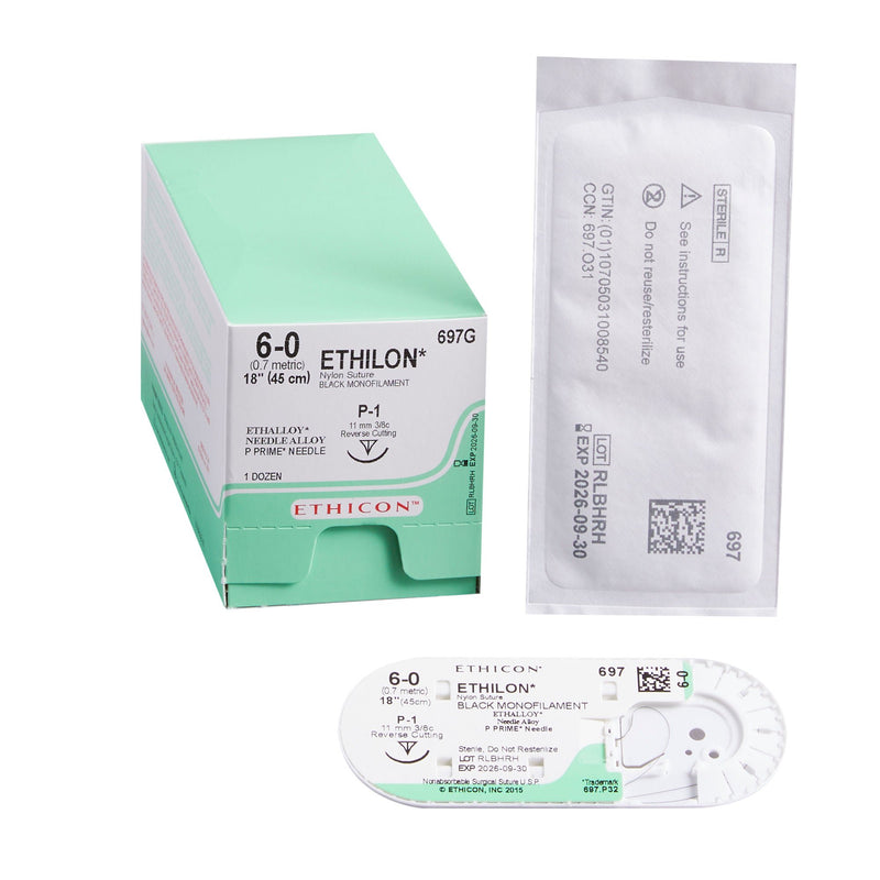 Nonabsorbable Suture with Needle Ethilon Nylon P-1 3/8 Circle Precision Reverse Cutting Needle Size 6-0 Monofilament (Box of 12)