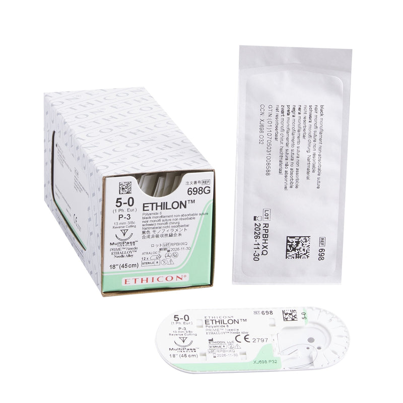 Nonabsorbable Suture with Needle Ethilon Nylon P-3 3/8 Circle Precision Reverse Cutting Needle Size 5-0 Monofilament 