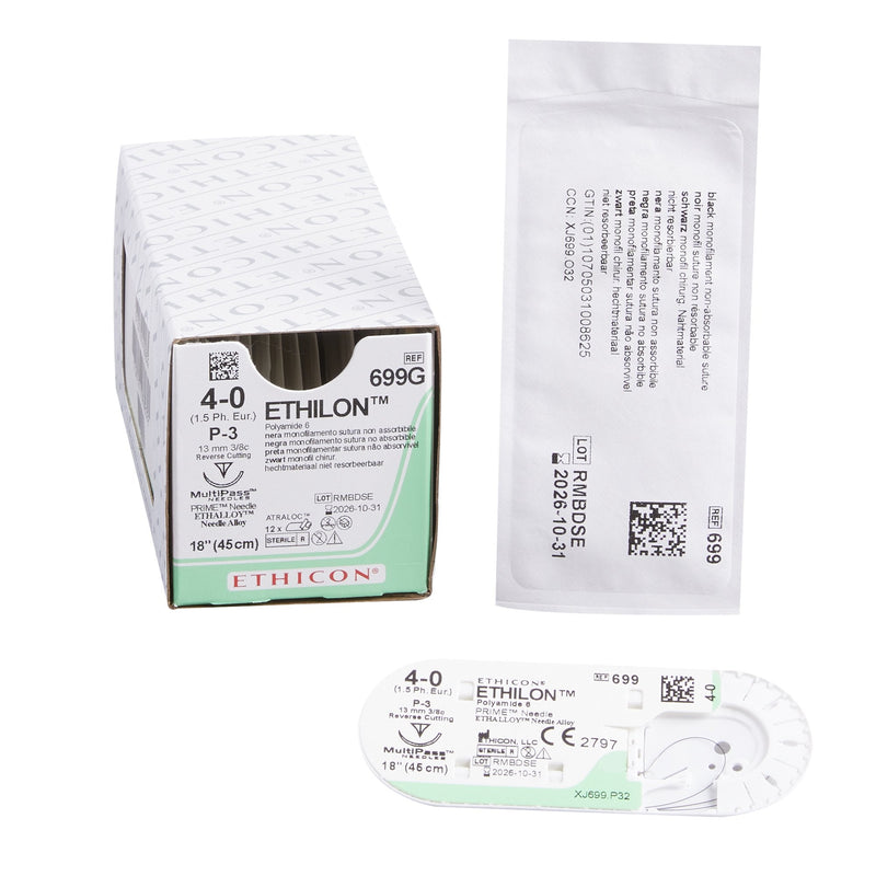 Nonabsorbable Suture with Needle Ethilon Nylon P-3 3/8 Circle Precision Reverse Cutting Needle Size 4-0 Monofilament 