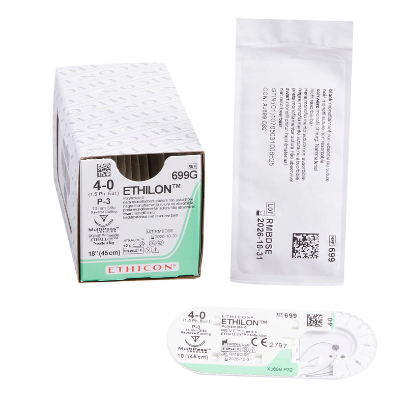 Nonabsorbable Suture with Needle Ethilon Nylon P-3 3/8 Circle Precision Reverse Cutting Needle Size 4-0 Monofilament 