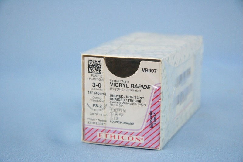 Absorbable Suture with Needle Vicryl Rapide Polyglactin 910 PS-2 3/8 Circle Precision Reverse Cutting Needle Size 3-0 Braided (Box of 12)