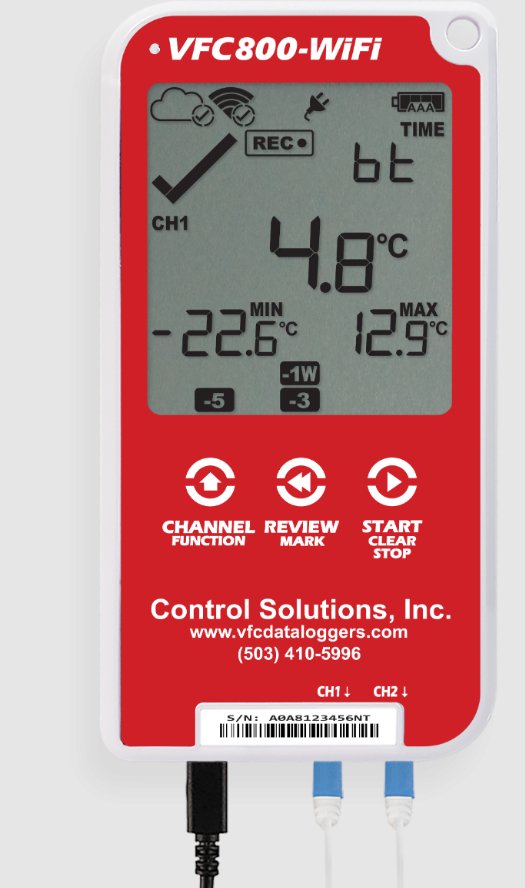 Refrigerator / Freezer Vaccine Data Logger with Alarm Kit LogTag VFC 800-WiFi Fahrenheit / Celsius -40° to 210°F (-40° to +99°C) Glycol Bottle Probe AC Adaptor / USB / Battery Backup (Each)