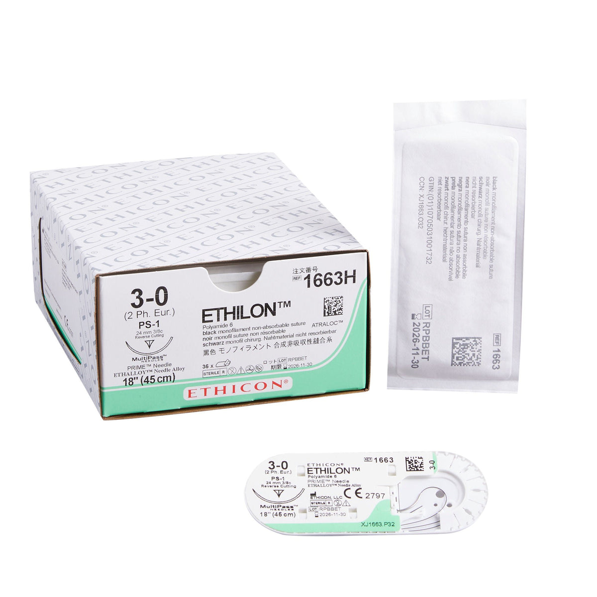 Nonabsorbable Suture with Needle Ethilon Nylon PS-1 3/8 Circle Reverse Cutting Needle Size 3-0 Monofilament (Box of 36)