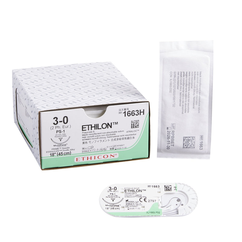 Nonabsorbable Suture with Needle Ethilon Nylon PS-1 3/8 Circle Reverse Cutting Needle Size 3-0 Monofilament 