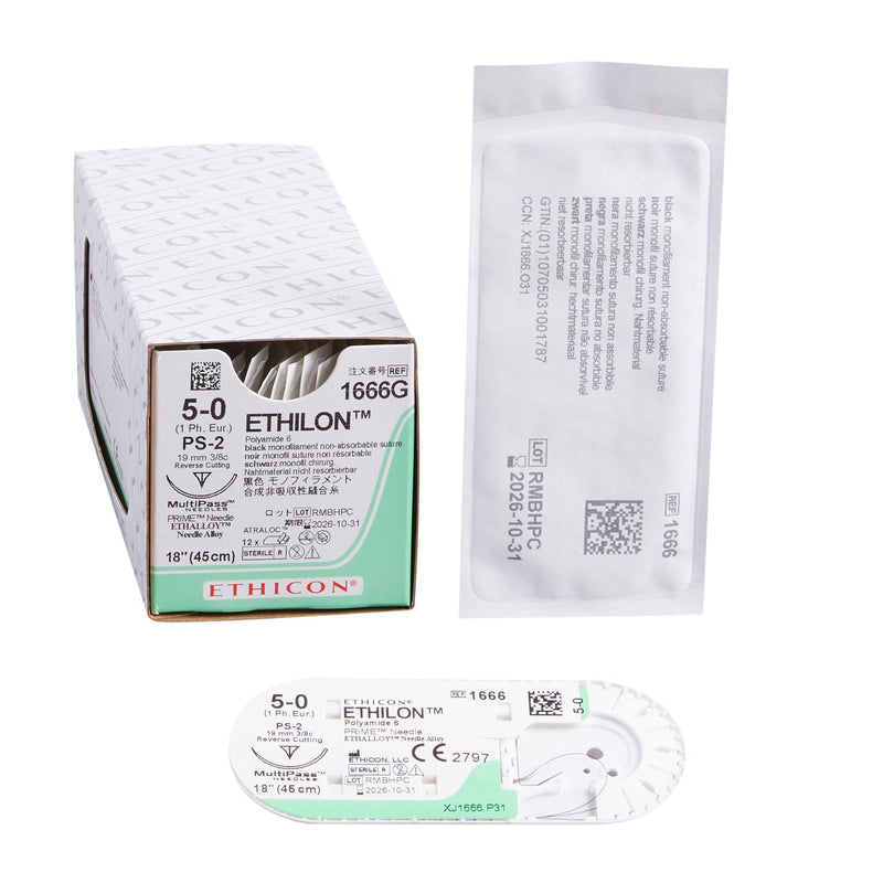 Nonabsorbable Suture with Needle Ethilon Nylon PS-2 3/8 Circle Precision Reverse Cutting Needle Size 5-0 Monofilament 