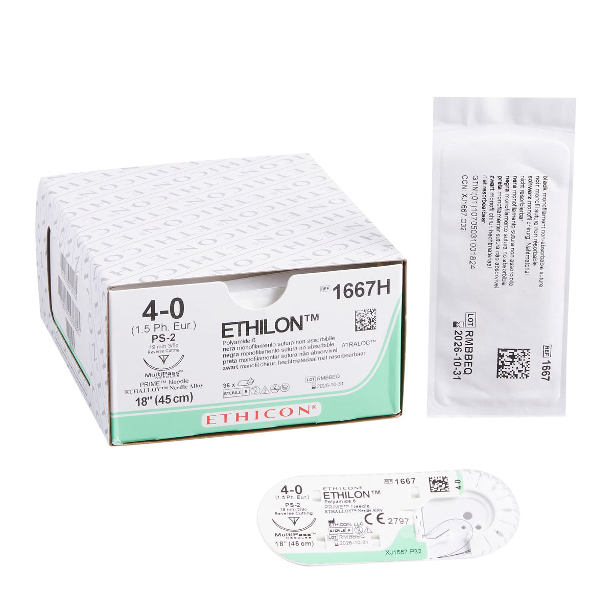 Nonabsorbable Suture with Needle Ethilon Nylon PS-2 3/8 Circle Precision Reverse Cutting Needle Size 4-0 Monofilament (Box of 36)