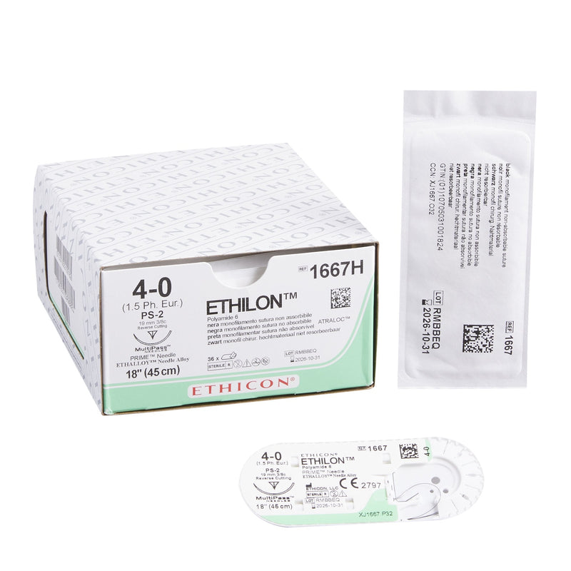 Nonabsorbable Suture with Needle Ethilon Nylon PS-2 3/8 Circle Precision Reverse Cutting Needle Size 4-0 Monofilament 