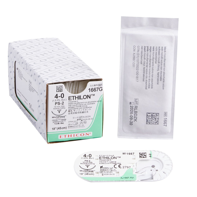 Nonabsorbable Suture with Needle Ethilon Nylon PS-2 3/8 Circle Precision Reverse Cutting Needle Size 4-0 Monofilament 
