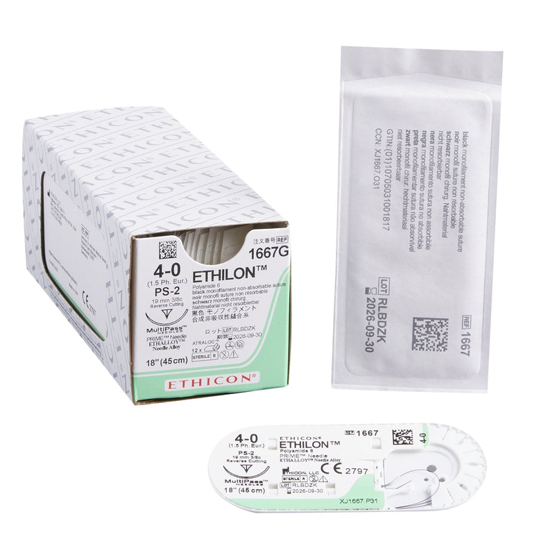 Nonabsorbable Suture with Needle Ethilon Nylon PS-2 3/8 Circle Precision Reverse Cutting Needle Size 4-0 Monofilament 